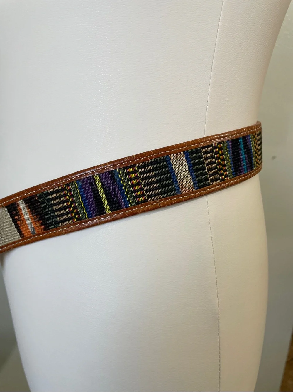 Boho Western Woven Tapestry Leather Belt Multicolor Brown Covered Buckle Sz 38